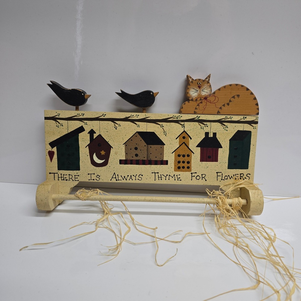 Vintage Folk Art Wood Cat Birdhouse Towel Bar Rack Yellow Hand Painted 12" Wood